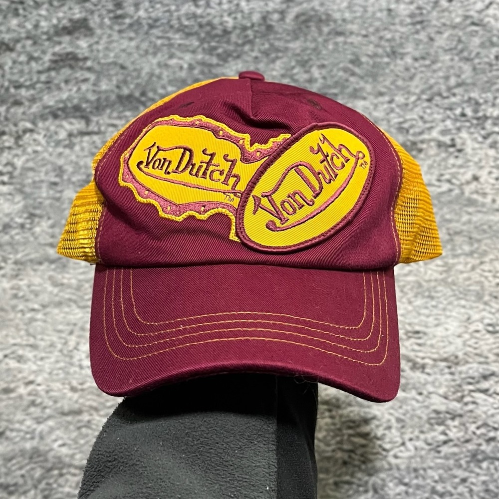 Von Dutch‎ Trucker Hat Mesh Red Yellow USA Y2K Vintage 2000s Snap Back